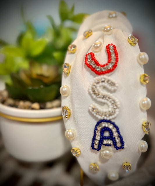 White “USA” beaded Headband